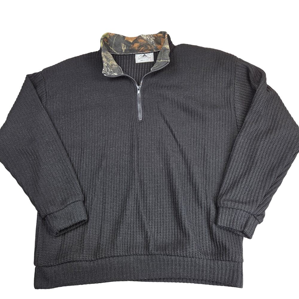 Black Mountain USA Waffle Knit 1/4 Zip Sweater Camo Collar Mens Large Black